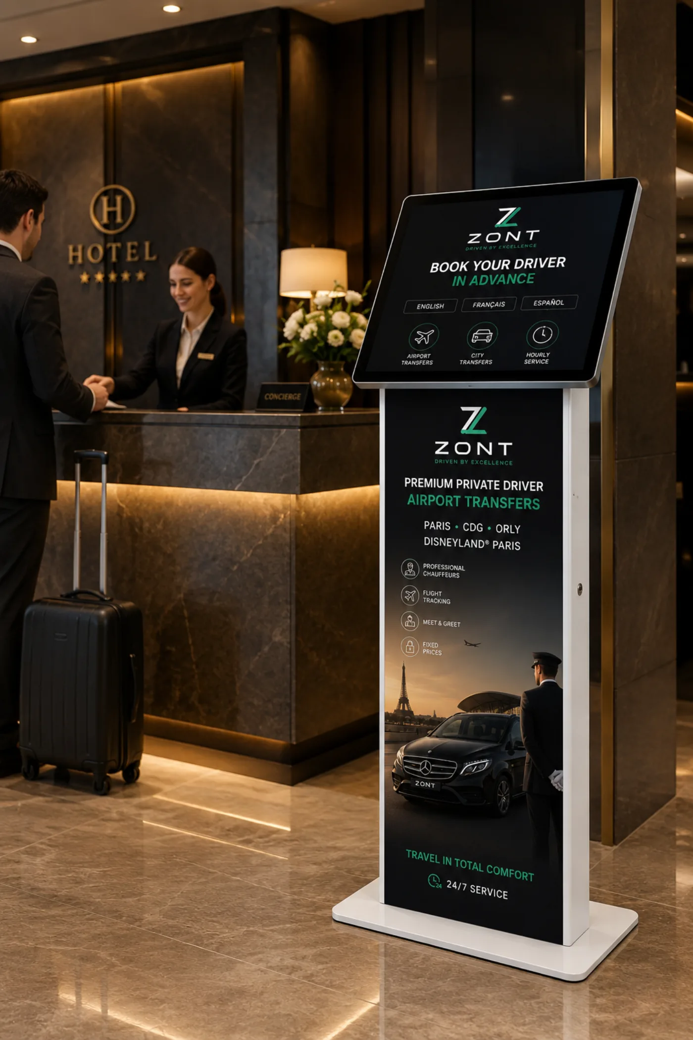 Borne de réservation ZONT — VTC, Taxi, Chauffeur privé installée à la réception d'un hôtel à Paris